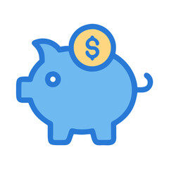 Blue piggy bank with dollar coin saving money