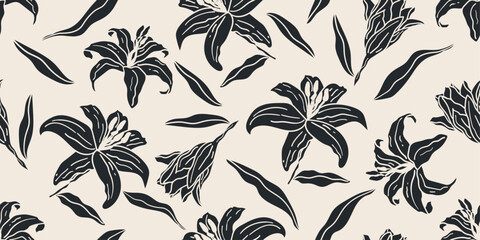 Black and white abstract hand drawn flowers of white lily, floral seamless pattern with flowers for fabric, textile, apparel, poster, cover, banner, wall art, background. Vector illustration.