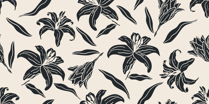 Black and white abstract hand drawn flowers of white lily, floral seamless pattern with flowers for fabric, textile, apparel, poster, cover, banner, wall art, background. Vector illustration.