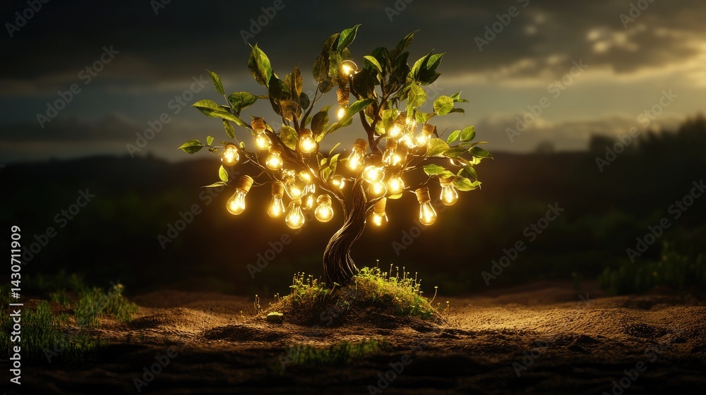 Poster conceptual tree with illuminated lightbulbs growing instead of leaves
