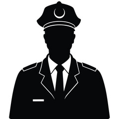Police Officer Silhouette In Uniform Wearing Hat Vector Illustration.
