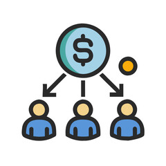 Money flow icon, distributed funds to the team