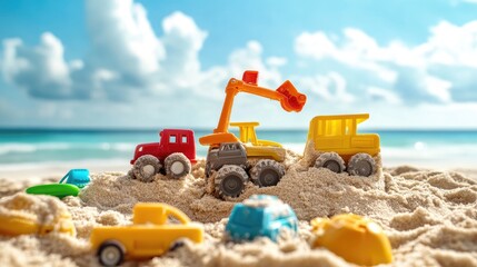 Creative playtime on the beach: crane and truck toys building a sand fortress