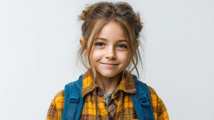 A young girl with a backpack and a plaid shirt is smiling
