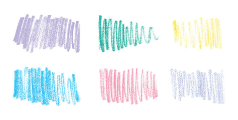 Color Crayon Scribble Textures Set, Hand Drawn Colorful Pastel Strokes on White Background.