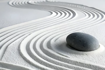 Papier peint photo Beige Tranquil Zen Garden Close-Up with Stone and Rippled Sand in Soft Light  © FRdesignpower