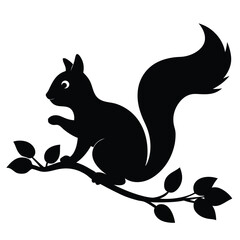 Squirrel Silhouette On A Branch With Leaves Isolated On White Background Vector.