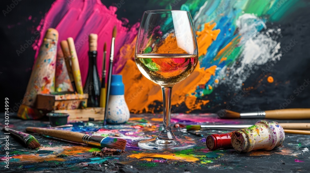 Poster elegant scene showing a glass of wine next to artistic tools and colorful paint smears in background