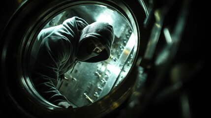 A masked thief quietly enters a high-security vault, meticulously surveying the area as the dim light reflects off the metal surfaces