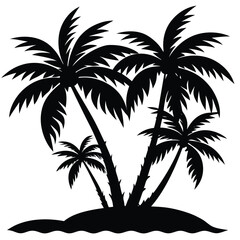 Silhouette Of Tropical Palm Trees On An Island Vector Illustration Graphic.