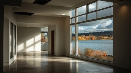 Fototapeta premium A bright, spacious room features large windows offering a view of a tranquil lake surrounded by autumn foliage. Soft light fills the minimalist space, enhancing its peaceful atmosphere
