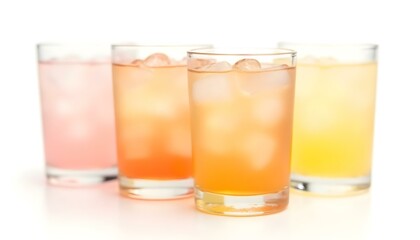 Glasses of fruit drinks with ice cubes isolated on white