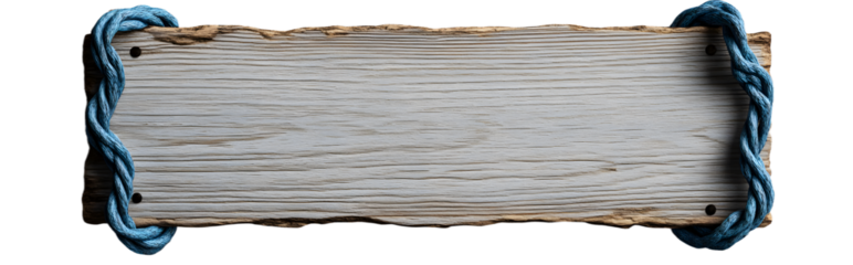 realistic photograph of a blank, wooden beach sign with edges wrapped in blue rope floating on a solid grey background