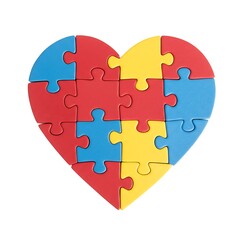 Heart shape made of puzzle pieces in red blue yellow isolated on white background