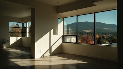 Fototapeta premium Bright and airy minimalist interior showcasing spacious areas filled with natural light. Large windows display stunning mountain views, creating a serene atmosphere perfect for relaxation