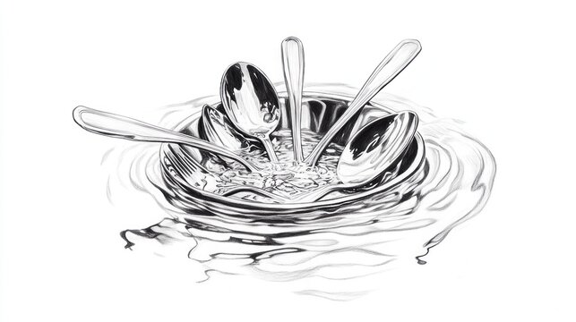 Dirty silverware in a soapy dishwater