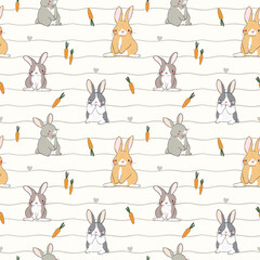 Seamless Pattern with Cartoon Rabbit, Carrot and Wavy Line Design on Light Yellow Background. Hand Drawn Vector Illustration.