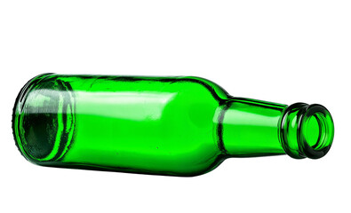 An empty green glass bottle, tilted on its side, , isolated over transparent background, PNG cut-out	
