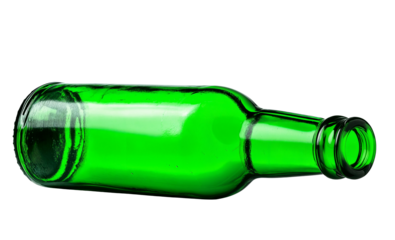 An empty green glass bottle, tilted on its side, , isolated over transparent background, PNG cut-out	
