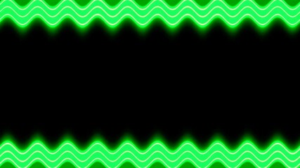 Neon appearing and disappearing glowing wavy triple sharp light green perpendicular horizontal long lines frame on black background. Space for your own content.