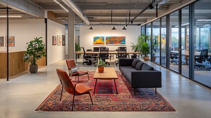 Modern open-plan office space with sleek furniture and artwork