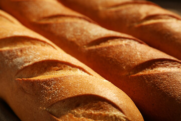Texture of fresh baguettes, closeup