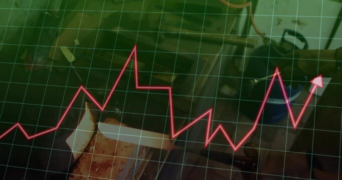 Metalworker holding hot bar above anvil with animated red graph rising indicating industry growth