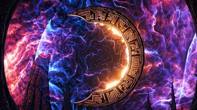 Mysterious ancient magic portal radiating blue and purple cosmic energy sparks curiosity, science fiction concept, time travel, fantasy, dimensional gateway