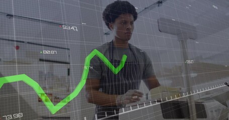 Kitchen cook chopping ingredients while financial overlay showing rising green line chart and data - Powered by Adobe
