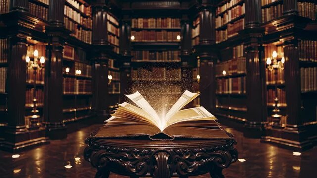 Majestic old library filled with tall wooden bookcases, open book glowing at center, this magical learning space evokes wisdom knowledge mystery