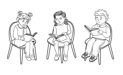 Vector Black Outline of Illustration of Cute Children Sitting in a Comfortable Chair and Reading Books Isolated on White Background