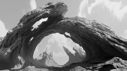 Fototapeta premium Stone archway on a monochrome rocky terrain, under a partly cloudy sky