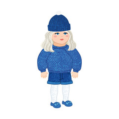Vector Colorful Illustration of Doll in Blue Winter Outfit Isolated on White Background