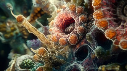 Obraz premium Abstract macro of biological structure, swirling shapes, intriguing textures, vibrant colors, complex details