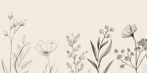 A minimalist botanical line art featuring delicate flowers and leaves on a neutral background