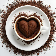 Fototapeta premium Heart-Shaped Cocoa Powder Art in Coffee Cup – Romantic Coffee Concept with Beans and Powder on White Background