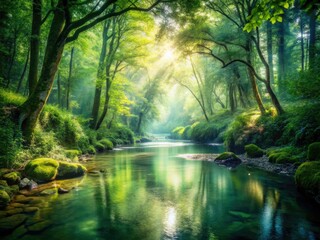 Fototapeta premium Enchanted Forest River: Double Exposure Photography, Tranquil Nature Scene, Lush Greenery, Magical Woods, Mystical River