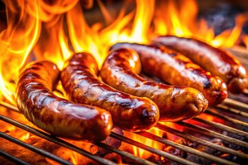 Fototapeta premium Flaming BBQ Brats: Close-Up Grill Photography, Delicious Sausage, Open Flame Cooking