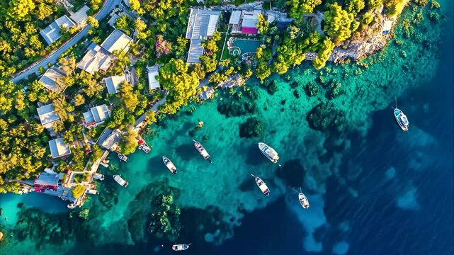 Stunning aerial view capturing the vibrant coastline and lush greenery of Gumbet in Bodrum, Turkey, Aerial view of Gumbet, a neighbourhood of Bodrum in Mugla Province, Turkey