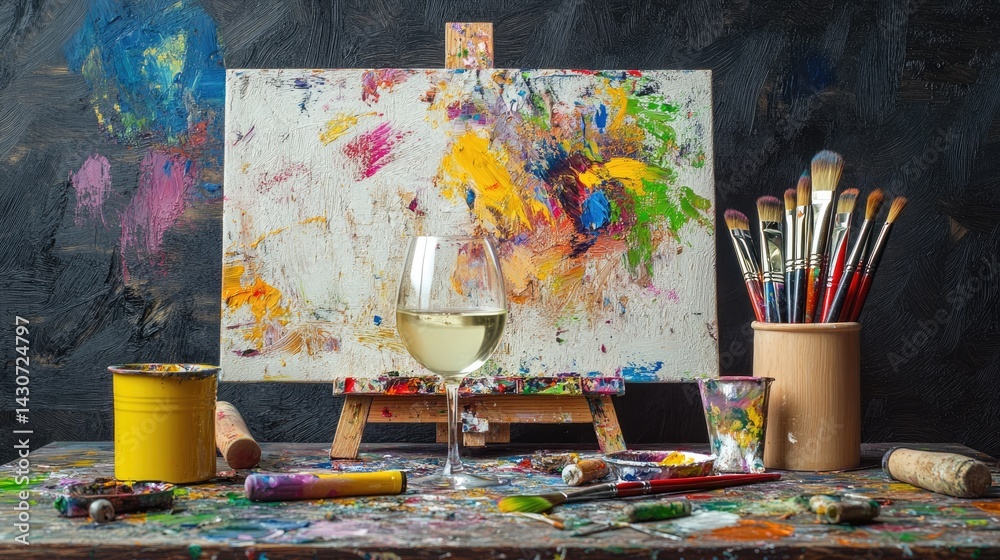 Poster painter table with white wine and a set of brushes, colorful smudges and textures as backdrop