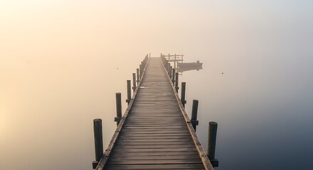 Fototapeta premium Wooden Dock Extending into a Foggy Lake – Tranquil Nature Scene