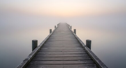 Obraz premium Wooden Dock Extending into a Foggy Lake – Tranquil Nature Scene