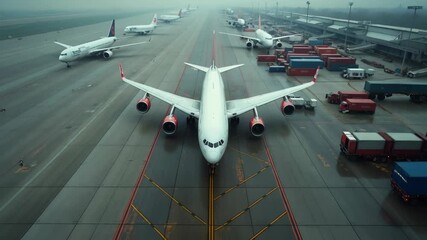 Aerial view of an airport with cargo planes and shipping containers, symbolizing global trade logistics