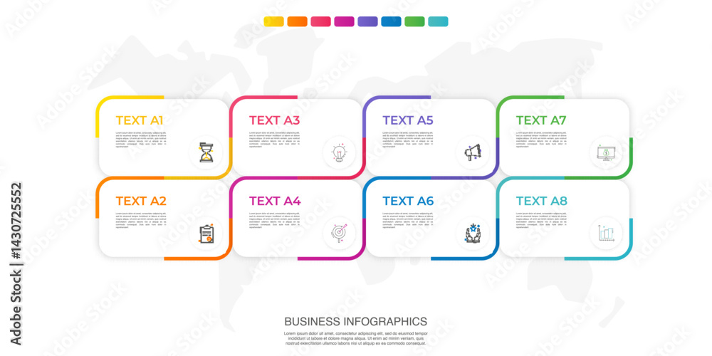 Poster Modern vector infographic template with rectangles, elements in minimalist design. Use for presentations, business processes, interface, data visualization, marketing strategies with eight steps.