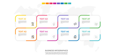 Modern vector infographic template with rectangles, elements in minimalist design. Use for presentations, business processes, interface, data visualization, marketing strategies with eight steps.