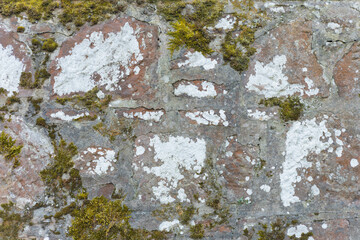 Weathered Stone Wall with Lichen and Moss GRowing on the Surface