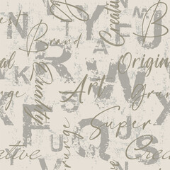 Letters seamless pattern. Grunge bold font on white background. Scattered letters of the English alphabet.