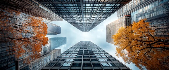 Upward perspective of skyscrapers with orange trees. Autumn season and cloudy sky