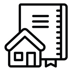 Architect notebook and house line icon, architect studio concept. Vector graphics. Notepad with cottage, building sign on white background, style mobile or design.