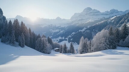 Snow-covered landscape featuring a cabin nestled between snow-covered trees, with mountains in the background